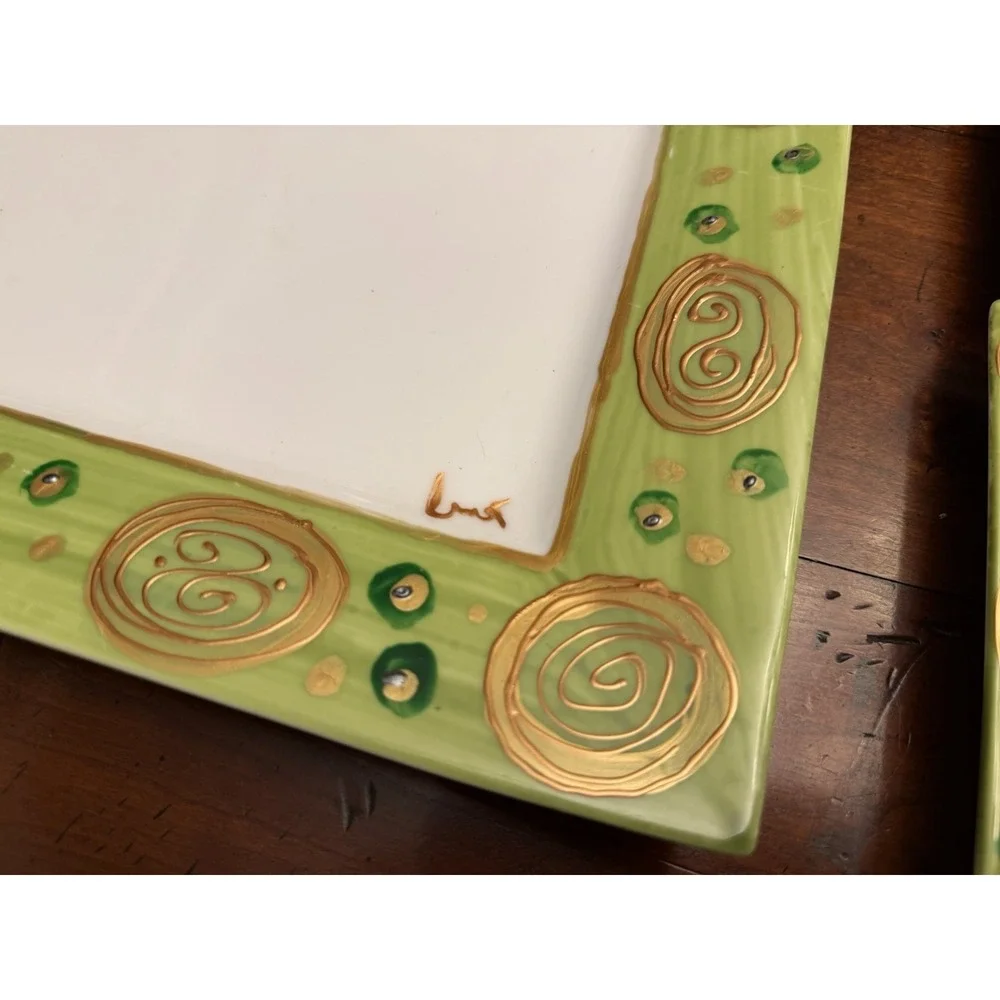 Vintage Mayfair & Jackson 9-Piece Square‎ Plate Set Green Metallic Gold Swirls
